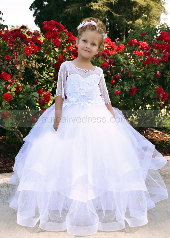 Beaded Neck White Lace Tulle Ruffle Horsehair Hem Flower Girl Dress